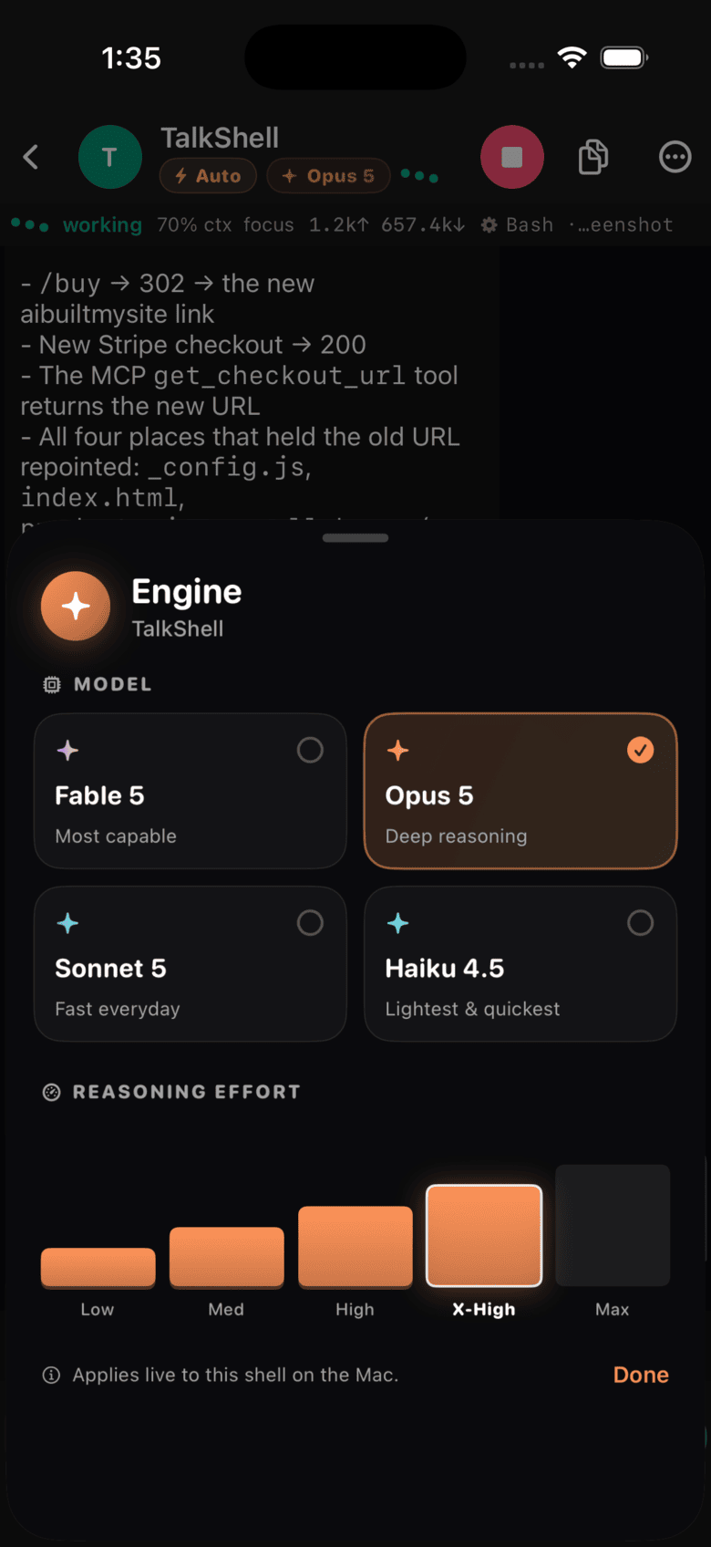 The TalkShell engine picker: cards for Fable 5, Opus 5, Sonnet 5 and Haiku 4.5 with Opus 5 selected, and a five-bar reasoning effort control set to X-High.