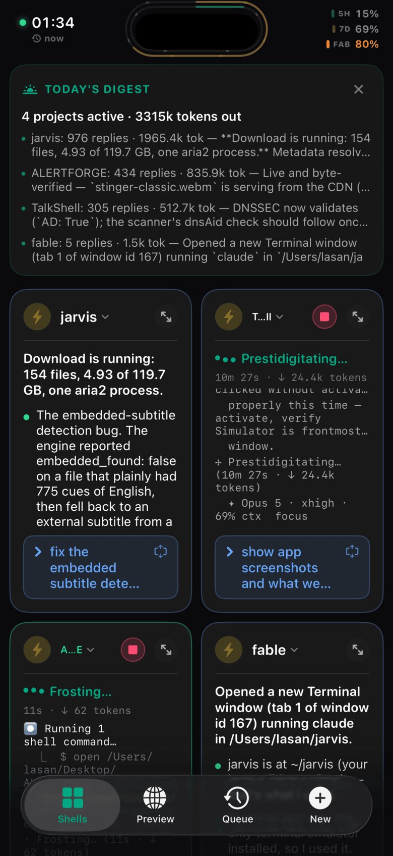 The TalkShell shells grid on an iPhone: usage arcs around the Dynamic Island, a daily digest summarising four active projects, and one card per Claude Code session showing its latest reply.